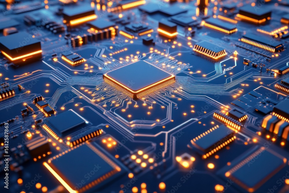 Poster circuit board's digital essence: a captivating macro perspective showcases an illuminated circuit bo
