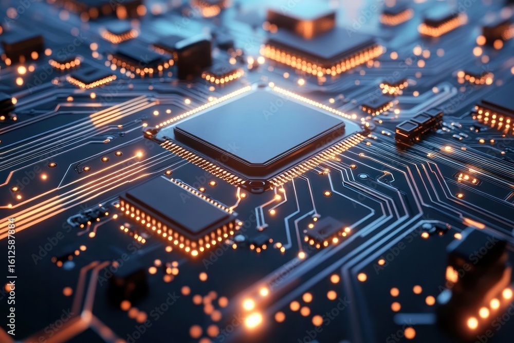 Poster circuit board technology: close-up of intricate computer circuitry, a visual symphony of digital tec