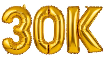 Gold foil balloons spelling out 30K against a white background