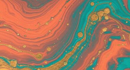 Vibrant abstract fluid art featuring swirling orange and teal tones with shimmering gold accents and marbled textures in a dynamic, organic composition.