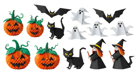Halloween Origami Decoration Featuring Pumpkins, Bats, Ghosts, Cats and Witches on Transparent Background