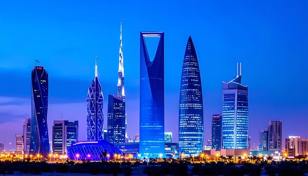 Fototapeta Spectacular Riyadh skyline at twilight, illuminated with vibrant city lights and modern architecture