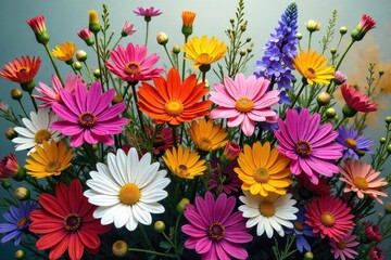 Obraz premium A lush, overflowing bouquet of wildflowers bursting with vibrant color and texture; a profusion of petals and stems in a stunning display of natural beauty , texture, blossoming, overflowing