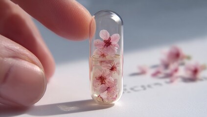 Hand holds a clear capsule filled with delicate pink cherry blossom flowers, with more blossoms scattered nearby on a white surface. Serene and conceptual