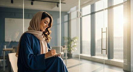 A young woman in a hijab sits in a modern , thoughtfully writing in a notebook.