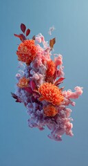 Floral explosion with vibrant orange blossoms and reddish-brown leaves intertwined with soft pink and gray smoke against a light blue background, creating an ethereal, dreamy composition