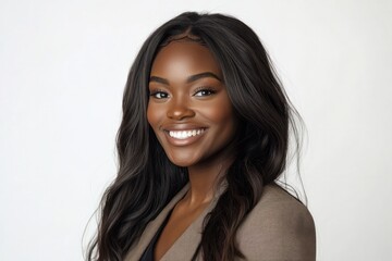 Fototapeta premium Confident and Radiating Beauty: A stunning young woman with flawless skin and lustrous dark hair exudes confidence and elegance, her radiant smile capturing warmth and approachability.
