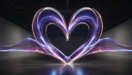 Glowing heart form, purple and blue ethereal energy trails in a gallery space