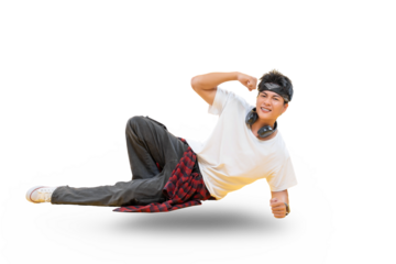 A young male breakdancer strikes a cool pose, showcasing his dynamic dance style on png background
