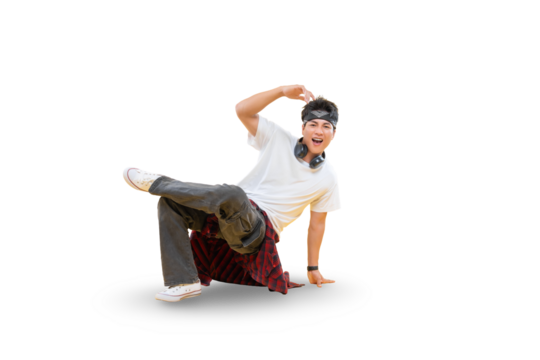 A young man breakdancing, performing a stylish move, full of energy and enthusiasm. With a trendy outfit and focused expression, showcasing the dynamic world of breakdancing on png background