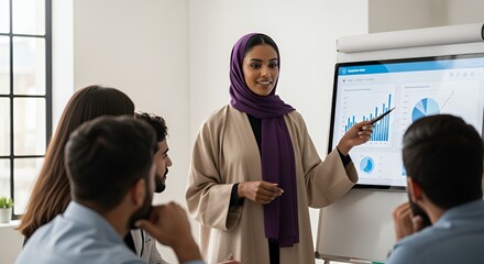 A businesswoman in a hijab confidently presents a financial report to her diverse team during a productive meeting.