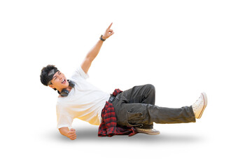 Energetic young man performing a breakdance move, captured mid-air with dynamic energy and a...