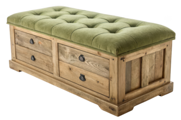 Rustic wooden storage bench with tufted green upholstered seat isolated on transparent background