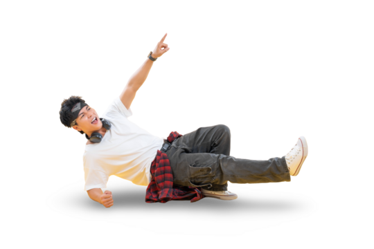 Energetic young man performing a breakdance move, captured mid-air with dynamic energy and a focused expression on png background