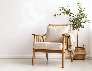 A minimalist Scandinavian-style chair made of light wood and linen, positioned against a pure white background in a tranquil living room.
