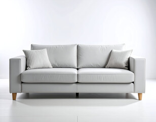 Understated elegance of a minimalist grey sofa with square arms and soft cushions, isolated on a white background.
