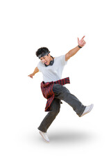A young man showcasing stylish dance moves with dynamic energy on png background