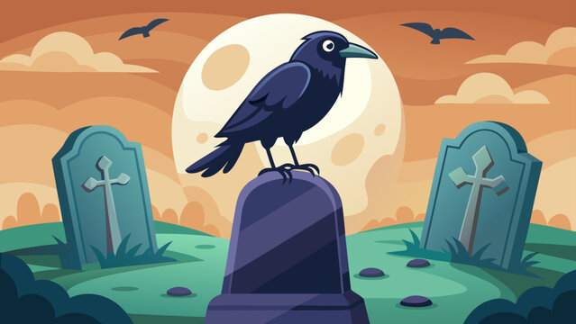 A crow perched on a tombstone in a graveyard with a full moon and birds flying in the orange sky