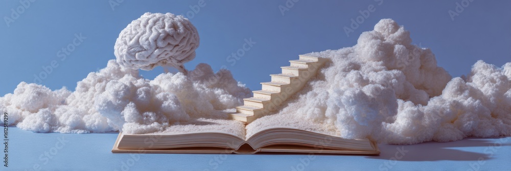 Poster journey through knowledge with a book leading to brain-shaped clouds and stairs in a minimal layout