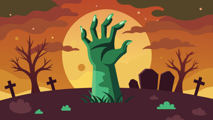 Illustration of a zombie hand rising from the ground in a graveyard under a full moon at night