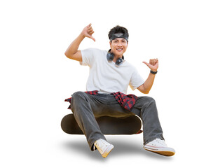 A young man sitting on a skateboard with a casual style and gestures in a vibrant studio setting....
