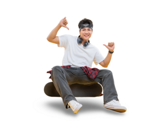 A young man sitting on a skateboard with a casual style and gestures in a vibrant studio setting. His expressive poses add an element of youth and energy. on png background