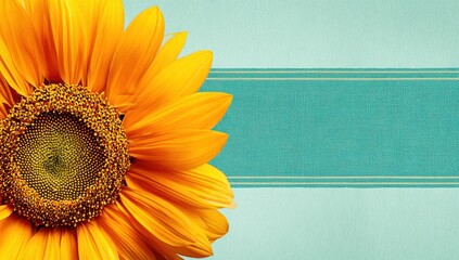 Vibrant yellow sunflower, close-up of its petals and textured center, against a pastel blue backdrop with two horizontal striped lines