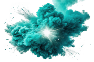 Explosion of teal colored smoke isolated on transparent background
