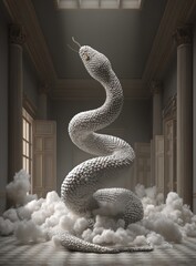 Serpentine Ascendance An enormous, textured white snake rises from a cloud-like base within a classical room, bathed in soft light filtering through tall windows. The scene is surreal and ethereal