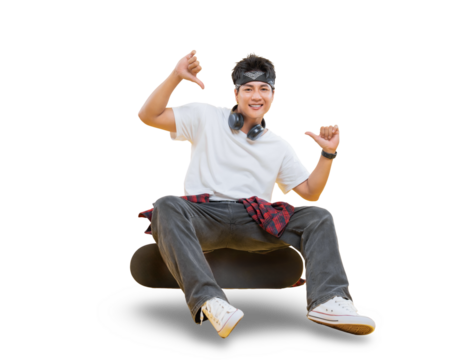 A young man sitting on a skateboard with a casual style and gestures in a vibrant studio setting. His expressive poses add an element of youth and energy. on png background