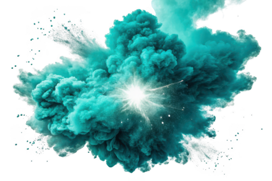 Explosion of teal colored smoke isolated on transparent background - Powered by Adobe