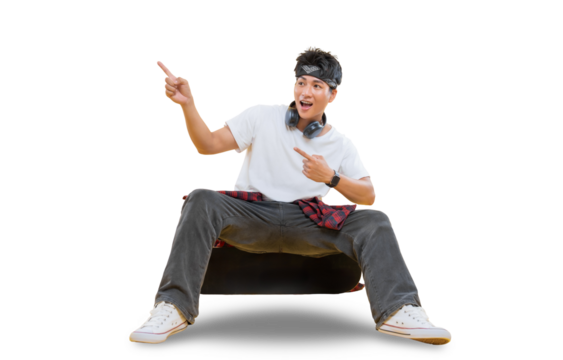 A young man sitting with a pointing gesture, on the background  - Powered by Adobe