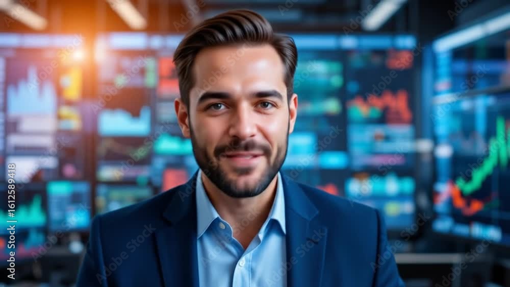Poster confident stock trader smiling in front of financial market data screens
