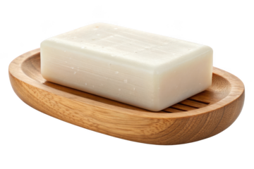 Natural soap bar in wooden dish isolated on transparent background
