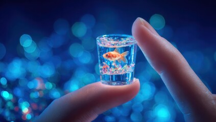 Miniature World. A tiny goldfish swims in a shot glass held between a person's fingers, surrounded by colorful beads. Bokeh lights of blue and white illuminate the background