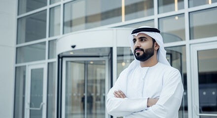 A confident businessman in traditional Middle Eastern attire stands with arms crossed, looking thoughtfully towards a modern glass building.