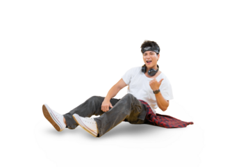 A cheerful person is relaxing while wearing headphone and gesturing a thumbs up on the floor on png background