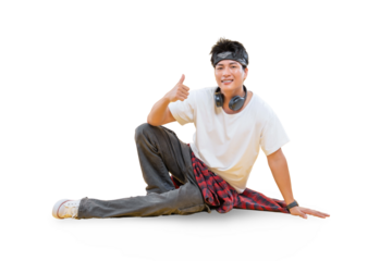 Energetic young man posing with a thumbs up. He is wearing a headband, headphones, and casual clothes and is full of energy.  on png background