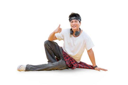 Energetic young man posing with a thumbs up. He is wearing a headband, headphones, and casual clothes and is full of energy.  on png background
