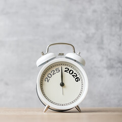 Happy New Year with vintage alarm clock and 2025 change to 2026 number. Merry Christmas, New Start,...