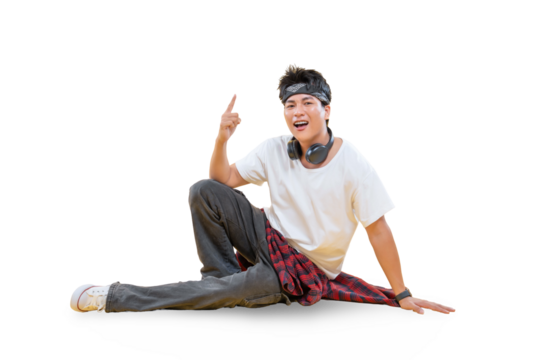 A young male dancer posing in a dynamic and expressive way. He's wearing a headband, headphones and a t-shirt, creating a cool and contemporary image.on png background
