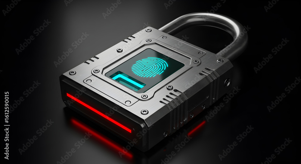 Aufkleber metallic padlock with blue fingerprint scan and red light on a dark reflective background