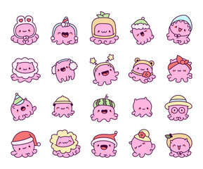 Dumbo octopus character set kawaii style smiling, featuring various funny costume outfits, hats, cute details and joyful underwater elements for creative cartoon projects