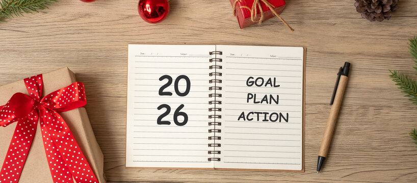2026 Goal Plan Action with notebook, Christmas gift and pen on wood table. Xmas, Happy New Year, Resolution, To do list, start and Strategy concept - Powered by Adobe