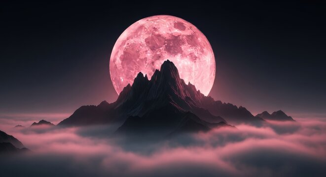 Pixel Art Pink Full Moon Over Misty Jagged Mountains