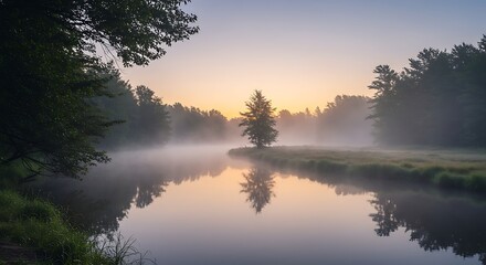 Fototapeta premium Foggy River at Sunrise Landscape with Tree Reflection and Serene Atmosphere