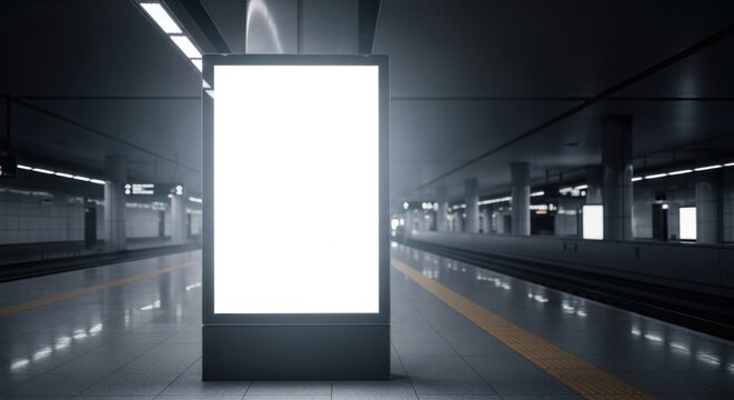 Empty Modern Subway Station with Bright Advertising Display in Underground Transit Area