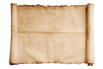 Aged parchment paper scroll with burnt edges isolated on a transparent background