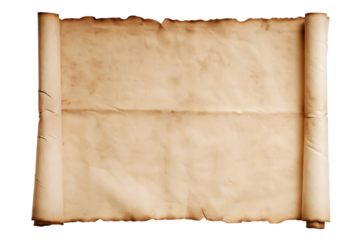 Aged parchment paper scroll with burnt edges isolated on a transparent background