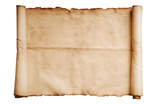 Aged parchment paper scroll with burnt edges isolated on a transparent background